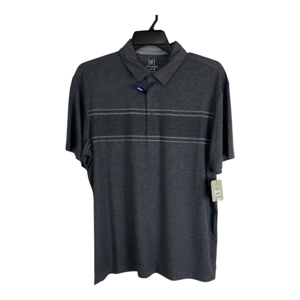 George Mens Polo Shirt Size Large 42-44 Gray Stripes Short Sleeve Soft NEW